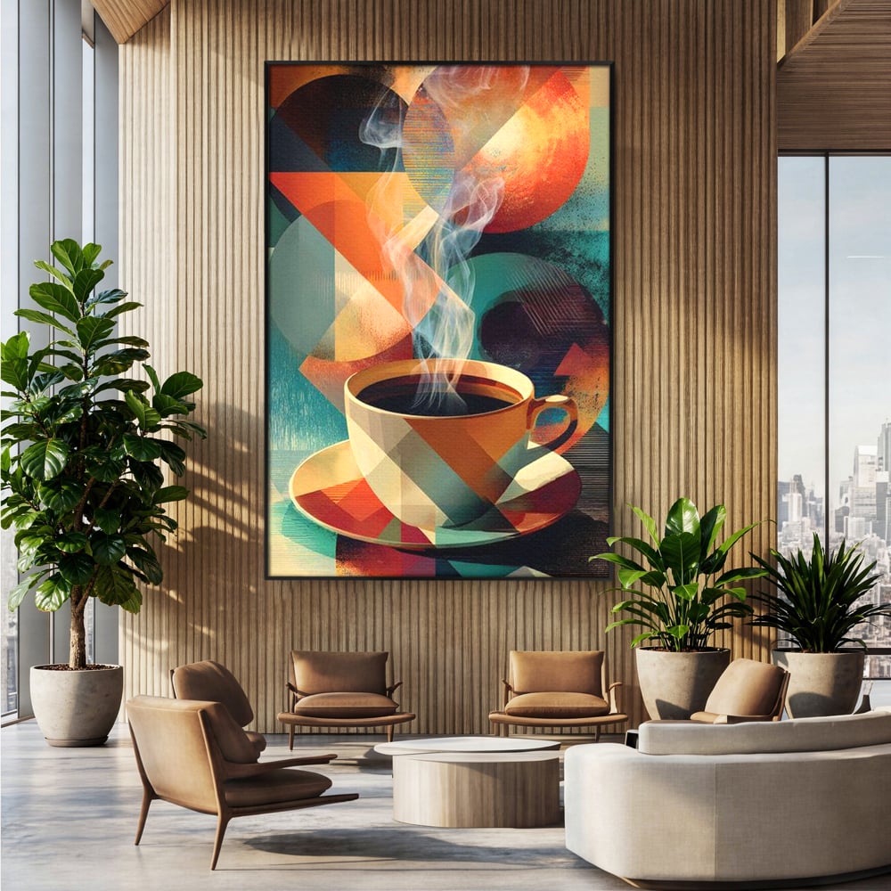 Tablou canvas cu ilustratie abstracta cu ceasca de cafea, in rama de aluminiu negru, pe perete intr-un birou